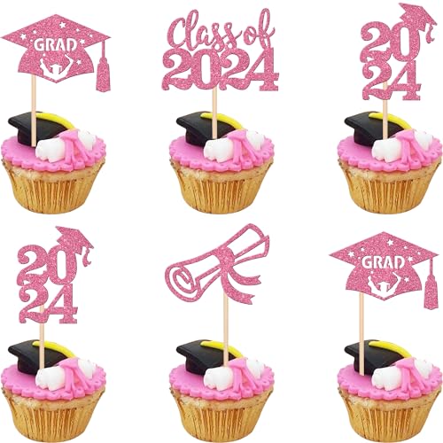 24 Stück 2023 Abschluss-Cupcake-Topper Glitzer-Diplom Congrats Grad Cap Cupcake Picks Klasse 2023 Kuchendekorationen für 2023 Abschlussfeier Themenpartyzubehör Rosa von ZHUOWEISM