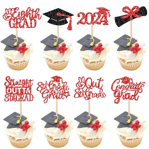 24 Stück 8. Klasse Cupcake-Topper Glitzer Diplom Congrats Grad Kappe 8. Klasse Abschluss Cupcake Picks für 2023 Kinder Jungen Mädchen Achte Klasse Abschluss Party Kuchen Dekorationen Zubehör Rot von ZHUOWEISM