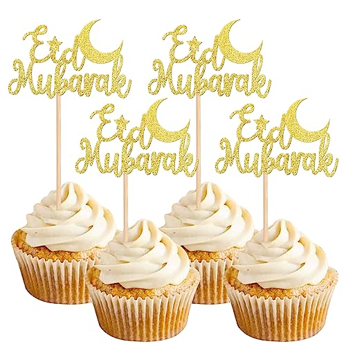 24 Stück Eid Mubarak Cupcake-Topper Gold Glitter Mond Stern Ramadan Kareem Cupcake Picks Dekorationen für Eid Islamische Muslimische Themenparty Supplies von ZHUOWEISM