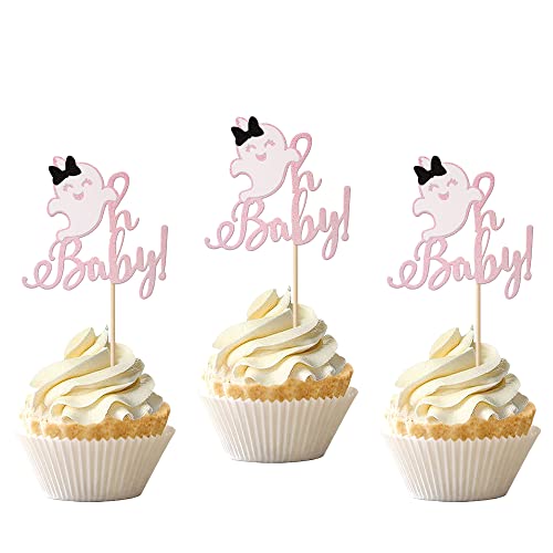 24 Stück Ghost Oh Baby Cupcake Topper Glitzer Geschlecht Reveal Baby Shower Gruselige Halloween Geist Cupcake Picks für Halloween Thema Babyparty Kinder Geburtstag Party Kuchen Dekorationen Zubehör Pink von ZHUOWEISM