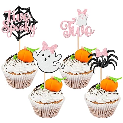 24 Stück Halloween gruselige zwei Cupcake-Topper Glitzer Spinne Little Boo Ghost Girl 2. Geburtstag Cupcake Picks für Halloween Thema Babyparty Kinder Mädchen 2. Geburtstag Party Kuchen Dekorationen von ZHUOWEISM