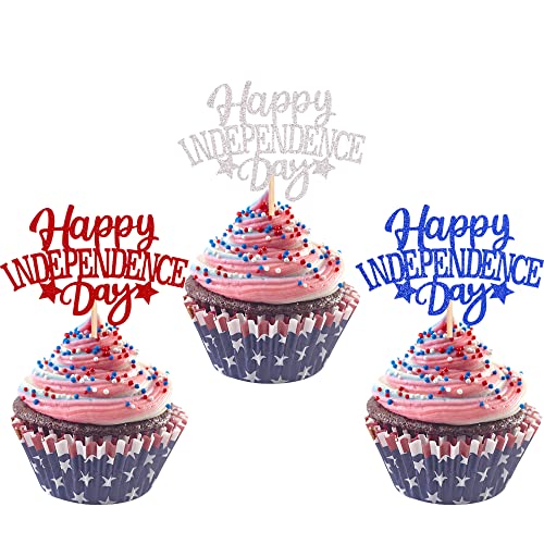 24 Stück Happy Independence Day Cupcake Topper Blau Rot Silber Glitzer Stern USA Patriotische Cupcake Picks für 4. Juli American National Independence Day Thema Party Kuchen Dekorationen Supplies von ZHUOWEISM