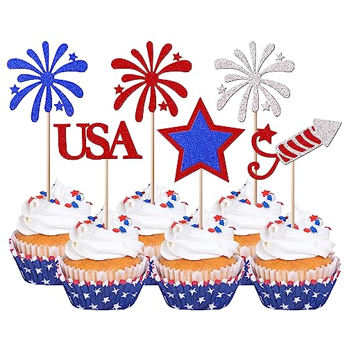 24 Stück Unabhängigkeitstag Cupcake Topper mit Feuerwerk Stern USA Patriotische Cupcake Picks Happy 4th of Juli American National Undependence Day Motto Party Kuchen Dekorationen Supplies von ZHUOWEISM