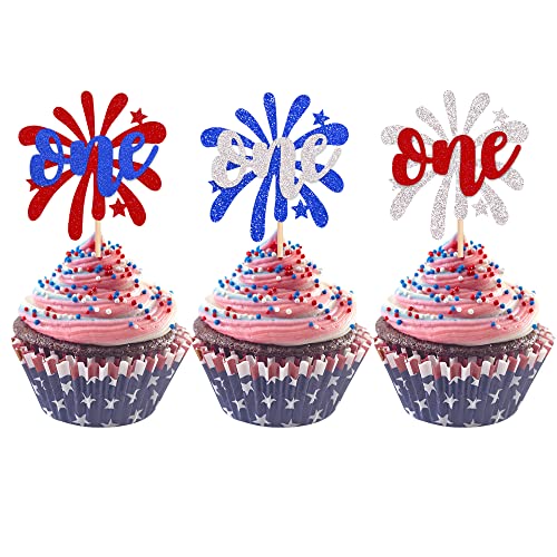 24 Stück patriotische Cupcake-Topper mit Glitzer-Feuerwerk zum ersten Geburtstag Cupcake-Plektren für Happy 4th of Juli American National Independence Day Thema 1st Birthday Party Cake Decorations Supplies von ZHUOWEISM