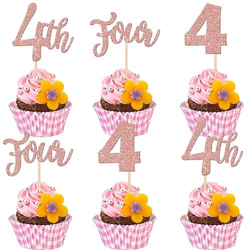 24 Stück vier Cupcake-Topper Glitzer 4. Geburtstag Cupcake Picks Nummer 4 Cupcake Dekorationen für Baby Shower Kinder 4. Geburtstag Jahrestag Party Kuchen Dekorationen Supplies Rose Gold von ZHUOWEISM