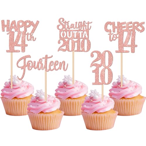 30 Stück Cupcake-Topper zum 14. Geburtstag, Glitzer, Fourteen Happy 14th Straight Outta 2009 Cupcake-Picker für Cheers to 14 Years 14th Birthday Wedding Anniversary Party Dekoration Supplies Rose Gold von ZHUOWEISM