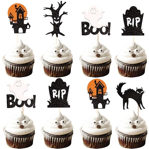 30 Stück Halloween Cupcake Topper Glitzer Boo Geist Baum Schloss Katze Grabstein Cupcake Picks Happy Halloween Thema Babyparty Geburtstag Party Kuchen Dekorationen Zubehör von ZHUOWEISM