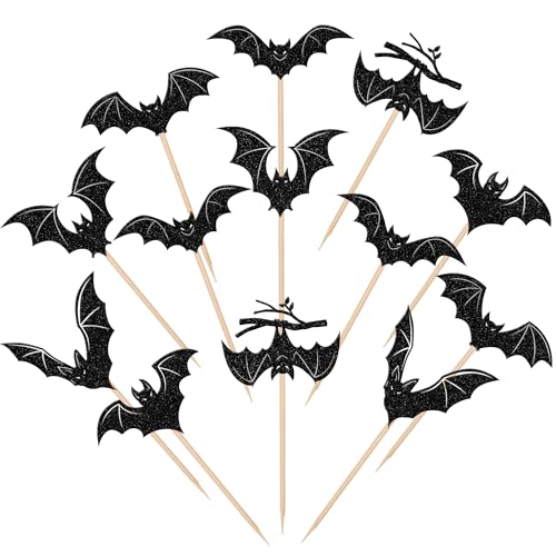 30 Stück Halloween Fledermaus Cupcake Topper Schwarz Glitzer Fledermaus Halloween Cupcake Picks für Halloween Thema Babyparty Kinder Geburtstag Party Kuchen Dekorationen Supplies von ZHUOWEISM