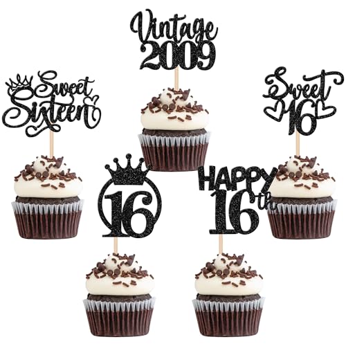 30 Stück Happy 16th Birthday Cupcake Toppers Glitter Sixteen Vintage 2007 Cupcake Picks Cheers to 16 Fabulous Cake Decorations for 16th Birthday Wedding Anniversary Party Supplies Black von ZHUOWEISM