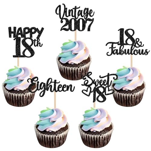 30 Stück Happy 18th Birthday Cupcake Toppers Glitter Awesome Since 2005 Eighteen 18 Fabulous Vintage 2005 Cupcake Picks for 18th Birthday Anniversary Retirement Party Cake Decorations Supplies Black von ZHUOWEISM