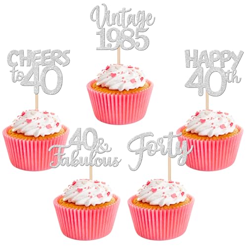 30 Stück Happy 40th Birthday Cupcake Toppers Glitter Forty Vintage 1983 Cupcake Picks Cheers to 40 Fabulous Cake Decorations for Happy 40th Birthday Wedding Anniversary Party Supplies Silver von ZHUOWEISM