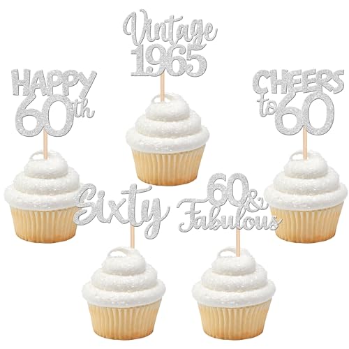 30 Stück Happy 60th Birthday Cupcake Toppers Glitter Sixty Vintage 1963 Cupcake Picks Cheers to 60 Fabulous Cake Decorations for 60th Birthday Wedding Anniversary Party Supplies Silver von ZHUOWEISM