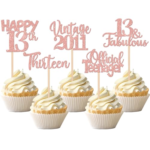 30 Stück Vintage 2010 Cupcake Toppers Glitter Thirteen 13 Fabulous Happy 13th Birthday Cupcake Picks Cheers to 13 Years for 13th Birthday Wedding Anniversary Party Cake Decorations Supplies Rose Gold von ZHUOWEISM