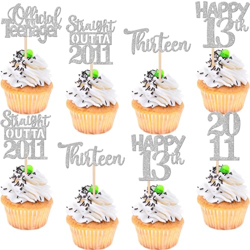 30PCS 13th Birthday Cupcake Toppers Glitter Thirteen Happy 13th Straight Outta 2011 Cupcake Picks for Cheers to 13 Years 13th Birthday Anniversary Party Decorations Supplies Silver von ZHUOWEISM