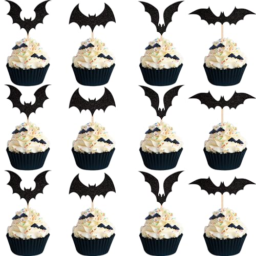 36 Stück Halloween Fledermaus Cupcake Topper Schwarz Glitzer Fledermaus Halloween Cupcake Picks für Halloween Thema Babyparty Kinder Jungen Mädchen Geburtstag Party Kuchen Dekorationen Supplies von ZHUOWEISM