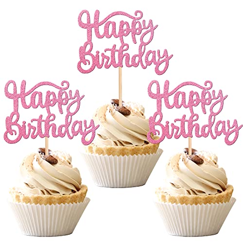 36 Stück Happy Birthday Cupcake Topper Glitzer Geburtstag Cupcake Picks für Feiern Babyparty Kinder Geburtstag Jahrestag Party Kuchen Dekorationen Zubehör Pink von ZHUOWEISM