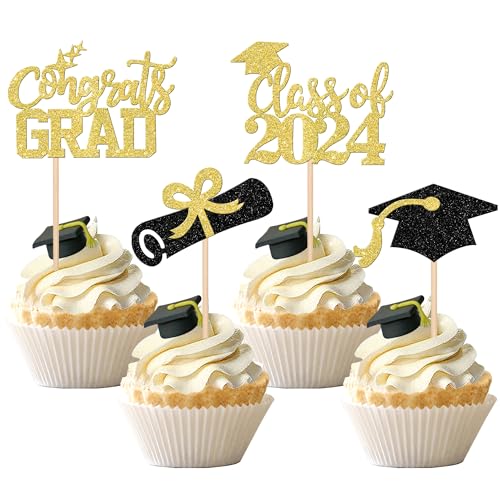 Cupcake-Topper 2022, 24 Stück, glitzernd, Klasse von 2022, Diplom-Congrats Grad Cap 2022 Graduation Theme Party Kuchen Dekorationen Supplies Gold von ZHUOWEISM