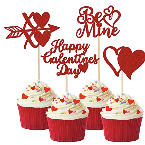 Cupcake-Topper mit glitzerndem Doppelherz "Happy Galentine" und glitzerndem Doppelherz XOXO Be Mine Valentine Cupcake Picks Valentinstag Thema Geburtstag Party Kuchen Dekorationen Supplies Rot 36 Stück von ZHUOWEISM