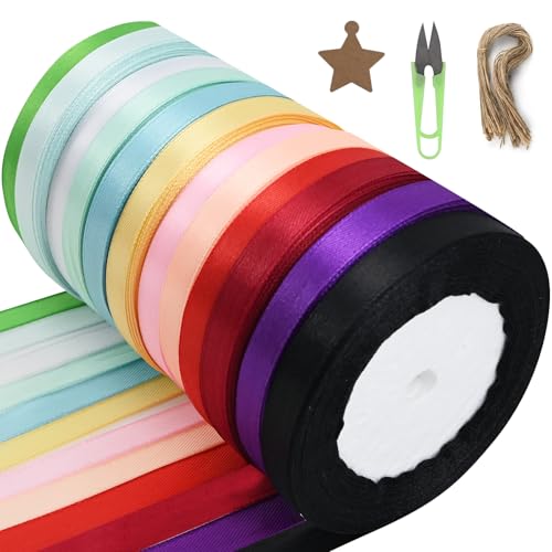 12 Farben Polyester Satinband Set, Dekoration Geschenkband Set mit 50 Kraftpapier GeschenkanhäNger Juteschnur Schere, Massives Satin Stoffband, Hochzeit Stoffband, Dekoband Satin Geschenkband Stoff von ZHXGO