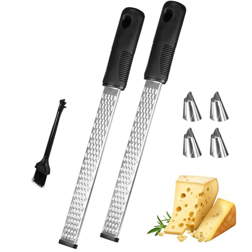 2 Stück Premium Zester Reibe mit Bürste, Universal Edelstahl Zester Reibe Kit, Multifunktional für Zitronenreibe, Knoblauch Muskatnuss Scharf Reibe, Feine Reibe mit Silikongriff für Gemüse Früchte von ZHXGO