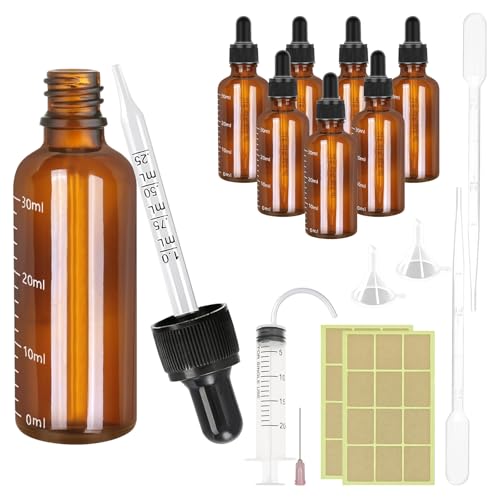 8 Stück Glas Pipettenflasche Set, 30ml Braunglas Pipettenflasche, Läschchen mit Pipette Tropfflasche, Nachfüllbarer Pipettenflasche mit Trichter Spritzenetiketten, Apothekerflasche für ParfümöLe von ZHXGO