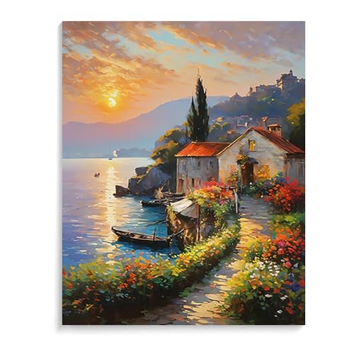 Malen Nach Zahlen Erwachsene Kinder Bild Italienische Landschaft Leuchtturm Boot Mit Rahmen 40X50CM Paint By Numbers Kits Acryl auf Leinwand Handbemaltes Ölgemälde-Set Landschaft,ML05 von ZHXXFD