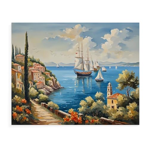 Malen Nach Zahlen Erwachsene Kinder Bild Italienische Landschaft Leuchtturm Boot Mit Rahmen 40X50CM Paint By Numbers Kits Acryl auf Leinwand Handbemaltes Ölgemälde-Set Landschaft,ML102 von ZHXXFD