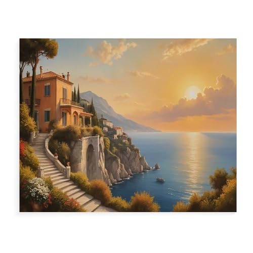 Malen Nach Zahlen Erwachsene Kinder Bild Italienische Landschaft Leuchtturm Boot Mit Rahmen 40X50CM Paint By Numbers Kits Acryl auf Leinwand Handbemaltes Ölgemälde-Set Landschaft,ML108 von ZHXXFD