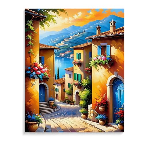 Malen Nach Zahlen Erwachsene Kinder Bild Italienische Landschaft Leuchtturm Boot Mit Rahmen 40X50CM Paint By Numbers Kits Acryl auf Leinwand Handbemaltes Ölgemälde-Set Landschaft,ML11 von ZHXXFD