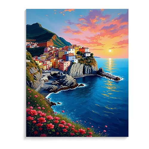 Malen Nach Zahlen Erwachsene Kinder Bild Italienische Landschaft Leuchtturm Boot Mit Rahmen 40X50CM Paint By Numbers Kits Acryl auf Leinwand Handbemaltes Ölgemälde-Set Landschaft,ML13 von ZHXXFD