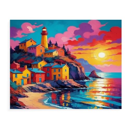 Malen Nach Zahlen Erwachsene Kinder Bild Italienische Landschaft Leuchtturm Boot Mit Rahmen 40X50CM Paint By Numbers Kits Acryl auf Leinwand Handbemaltes Ölgemälde-Set Landschaft,ML29 von ZHXXFD