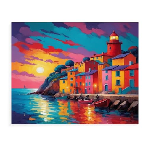 Malen Nach Zahlen Erwachsene Kinder Bild Italienische Landschaft Leuchtturm Boot Mit Rahmen 40X50CM Paint By Numbers Kits Acryl auf Leinwand Handbemaltes Ölgemälde-Set Landschaft,ML35 von ZHXXFD