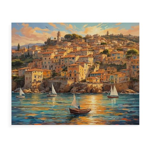 Malen Nach Zahlen Erwachsene Kinder Bild Italienische Landschaft Leuchtturm Boot Mit Rahmen 40X50CM Paint By Numbers Kits Acryl auf Leinwand Handbemaltes Ölgemälde-Set Landschaft,ML41 von ZHXXFD