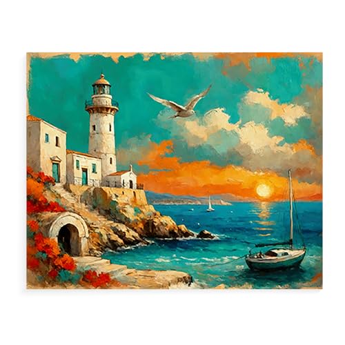 Malen Nach Zahlen Erwachsene Kinder Bild Italienische Landschaft Leuchtturm Boot Mit Rahmen 40X50CM Paint By Numbers Kits Acryl auf Leinwand Handbemaltes Ölgemälde-Set Landschaft,ML53 von ZHXXFD