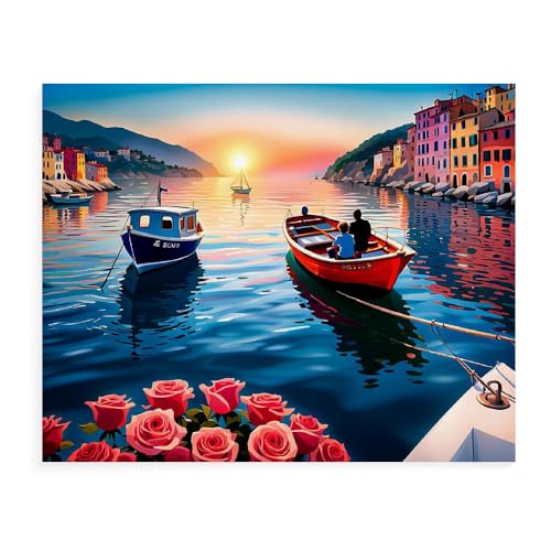 Malen Nach Zahlen Erwachsene Kinder Bild Italienische Landschaft Leuchtturm Boot Mit Rahmen 40X50CM Paint By Numbers Kits Acryl auf Leinwand Handbemaltes Ölgemälde-Set Landschaft,ML57 von ZHXXFD