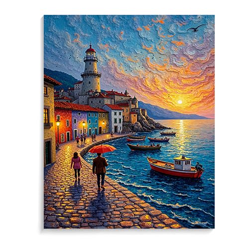 Malen Nach Zahlen Erwachsene Kinder Bild Italienische Landschaft Leuchtturm Boot Mit Rahmen 40X50CM Paint By Numbers Kits Acryl auf Leinwand Handbemaltes Ölgemälde-Set Landschaft,ML64 von ZHXXFD