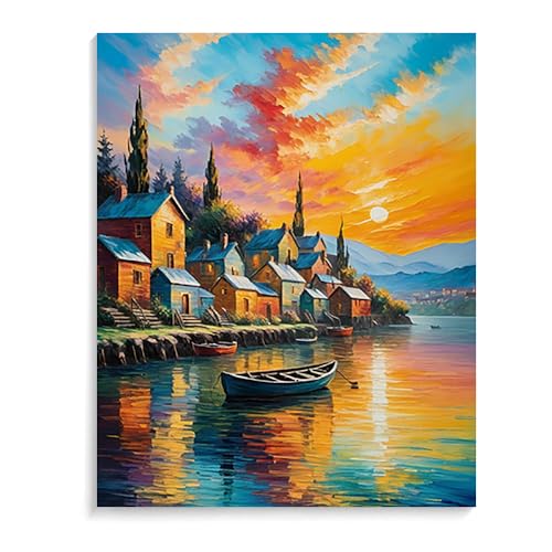 Malen Nach Zahlen Erwachsene Kinder Bild Italienische Landschaft Leuchtturm Boot Mit Rahmen 40X50CM Paint By Numbers Kits Acryl auf Leinwand Handbemaltes Ölgemälde-Set Landschaft,ML74 von ZHXXFD