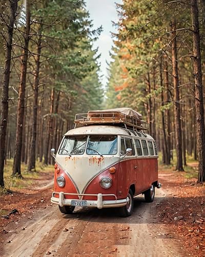 Malen Nach Zahlen Erwachsene Kinder Bild Vintage Bus Auto Mit Rahmen 40X50CM Handbemaltes Ölgemälde-Set Landschaft Mit Acrylfarben,A2 von ZHXXFD