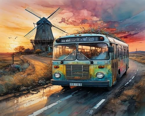 Malen Nach Zahlen Erwachsene Kinder Bild Vintage Bus Auto Mit Rahmen 40X50CM Handbemaltes Ölgemälde-Set Landschaft Mit Acrylfarben,A4 von ZHXXFD