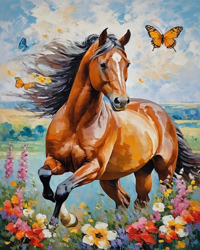 Malen Nach Zahlen Pferde Rennen Bild Für Erwachsene Kinder Mit Rahmen 40X50CM Malen Nach Zahlen Set Tiere Pferd im Galopp Landschaft Mit Acrylfarben,Paint By Numbers Adult Kit,A8 von ZHXXFD