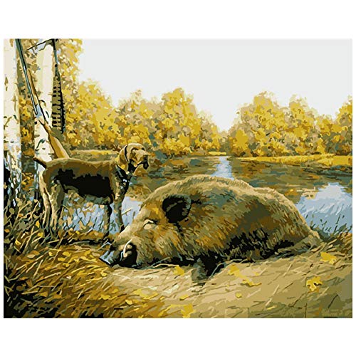 ZHXXFD Malen Nach Zahlen Erwachsene Jagdhund Und Wildschwein Tier Groß Ohne Mischen Diy Malerei Ölgemälde Farbe Leinwand Mit Pinsel Acryl Für Kinder Mit Rahmen 40X50Cm,Zhxx von ZHXXFD