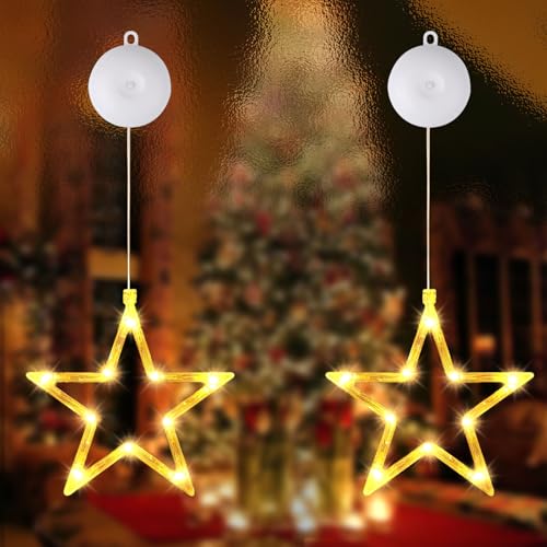 2 Stück LED Sterne Weihnachtsbeleuchtung für Fenster Hängen Innen Außen Balkon Weihnachtsdeko Warmweiß Stern Lichterkette Batteriebetrieben mit Saugnapf Fensterdeko Weihnachten Beleuchtet Party Deko von ZIGefofo