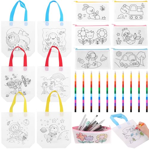 ZIGefofo 22 Stück DIY Kinder Stoffbeutel Set 12 Stück Stoffbeutel zum Bemalen für Kinder und 10 Stück Stapelbare Wachsmalstifte (12 Farben in 1) für Kindergeburtstag Gastgeschenke Mitbringsel Spiele von ZIGefofo