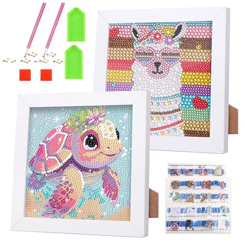 ZIGefofo 2er Set Diamond Painting Kinder 5D DIY Diamond Painting Bilder Tiere mit Holzrahmen Basteln ab 6 Jahre für Kinder Mädchen Erwachsene Geeignet Anfänger Geschenk Home Wand Decor, 17.5x17.5cm von ZIGefofo