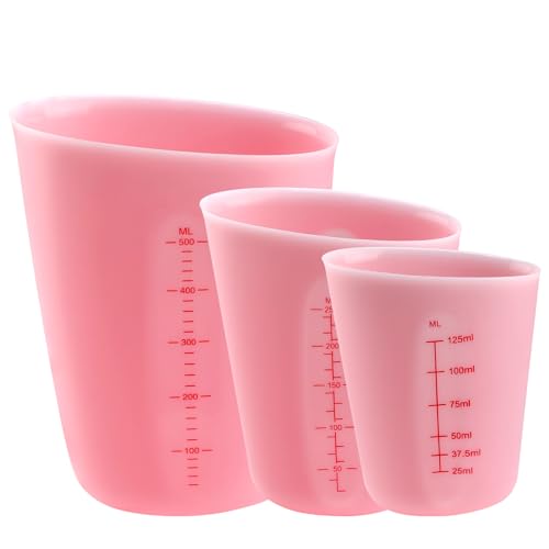 ZIJANG 3 Stück Silikon Messbecher, Antihaftbeschichteter Gipsbecher mit Zwei Skalen, Erholt nach Extrusion Automatisch,125/250/500 ml Rosa Epoxidharz Mischbecher für DIY Basteln, Labor, Küche von ZIJANG