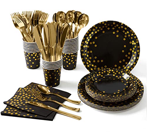 141 Stück Schwarzesgold Partyzubehör Pappbecher Pappteller Set, Wiederverwendbar Papier Geschirr Set einschließlich Tischdecke Teller Becher Servietten zum Geburtstag, Hochzeiten, Jubiläums -20 Gäste von ZIMAIC