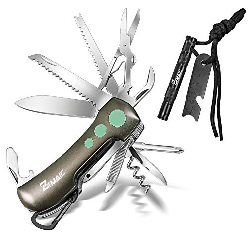 ZIMAIC Schweizer Taschenmesser & Feuerstahl,15 in 1 Schweizer Messer Vatertag Geschenk | Multitool Messer und 5 in 1 Feuerstein, mit Schraubendreher, Schere, Säge, Compass von ZIMAIC