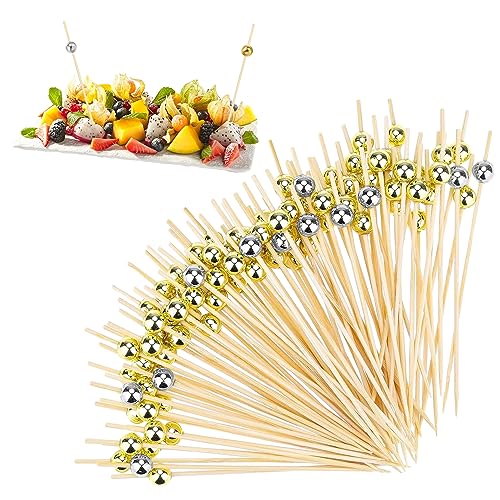 ZIOYA 300 Stück Cocktailspieße Spiesschen für Häppchen 12CM mit Gold Silber Holzperlen Zahnstocher Hochzeit Spieße Fingerfood für Cocktail Deko Grillgut Obst-Spieß Candy Antipasti von ZIOYA