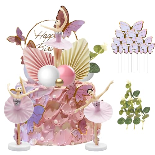 ZIOYA 47 Stück Ballerina Tortendeko Deko Ballett Tortendeko Mädchen Kuchen Dekoration Kugel Cupcake Toppers mit Palmblätter Schmetterlinge Kuchen Topper für DIYHochzeits Geburtstags Party Deko von ZIOYA