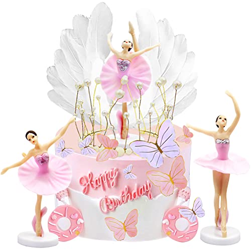 ZIOYA 5 Stück Ballerina Tortendeko Dekoration Ballerina Kuchenaufsatz Ballerina Ballett Mädchen Tanzende Deko Kuchen Topper Krone ​Engelsflügel Geburtstagstorten mit Bringe 20 Schmetterlinge von ZIOYA